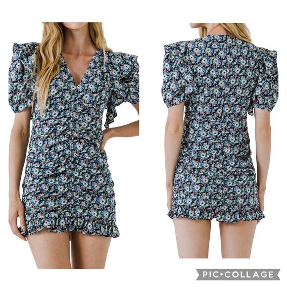 ENDLESS ROSE‎ Floral V-neck Shirring Dress - Picture 1 of 7